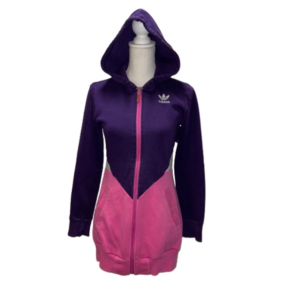 ADIDAS Hooded Sweatshirt Long Sleeved Womens pink and Purple color block - Picture 4 of 15